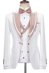 Stylish White Slim Fit Peak Lapel Three-Piece Wedding Ensemble